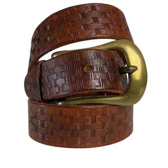 Rugged Basket Weaved Embossed Belt Leather Size XL Cowgirl Western Brass Buckle - Picture 1 of 9